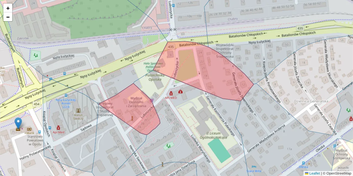 Szczegółowa mapa kodu pocztowego 45-036 z granicami, sąsiednimi kodami pocztowymi i urzędami pocztowymi