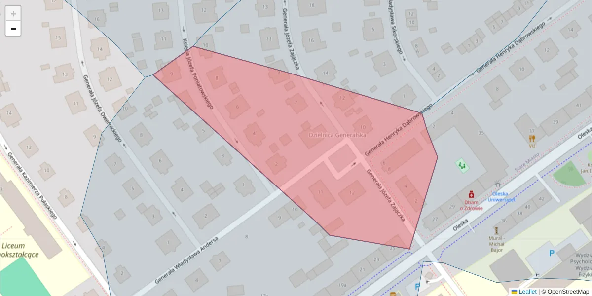 Szczegółowa mapa kodu pocztowego 45-050 z granicami, sąsiednimi kodami pocztowymi i urzędami pocztowymi