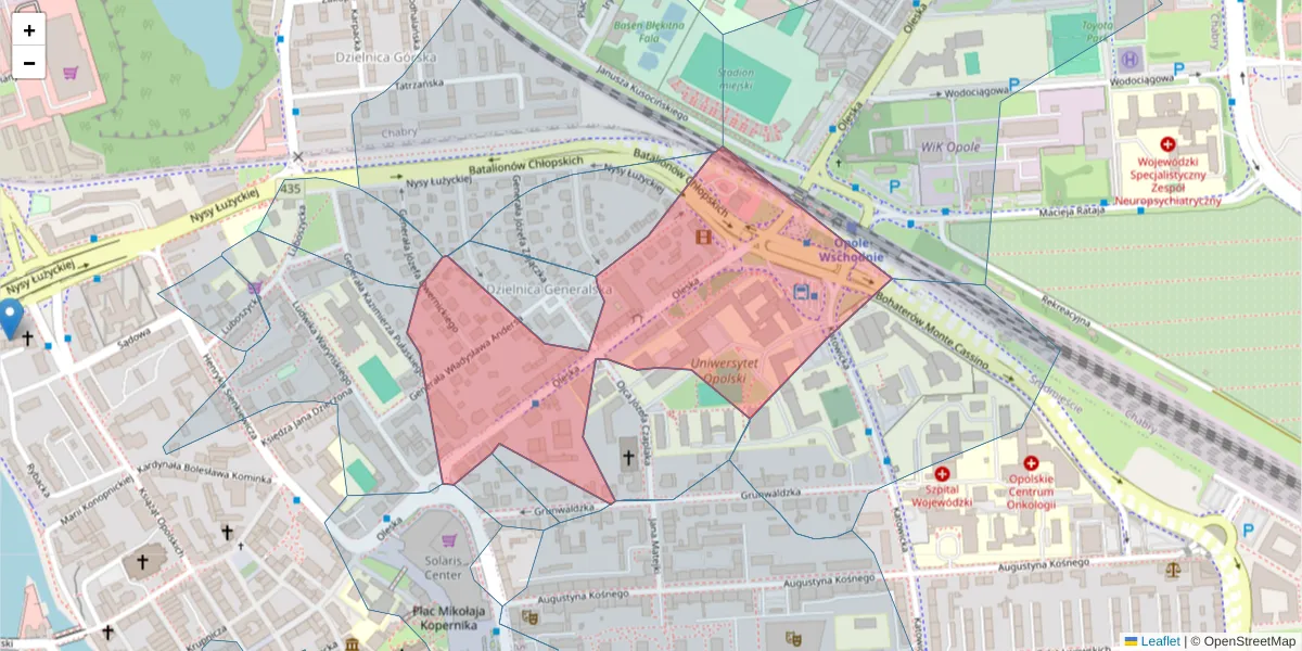 Szczegółowa mapa kodu pocztowego 45-052 z granicami, sąsiednimi kodami pocztowymi i urzędami pocztowymi