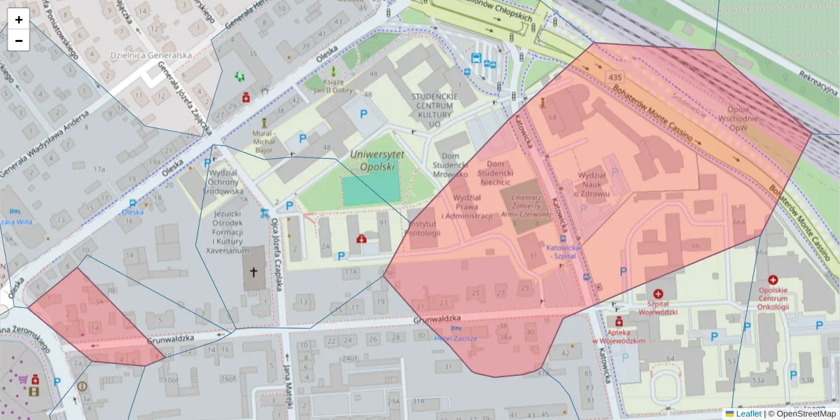 Szczegółowa mapa kodu pocztowego 45-054 z granicami, sąsiednimi kodami pocztowymi i urzędami pocztowymi