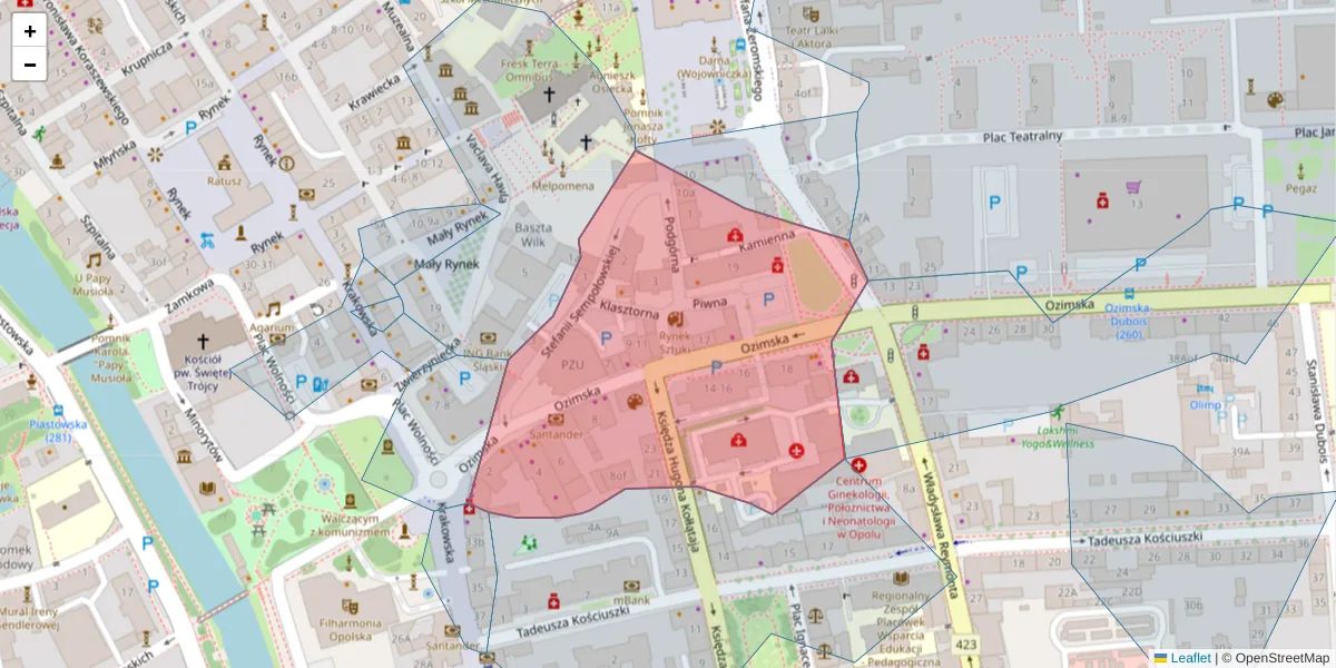 Szczegółowa mapa kodu pocztowego 45-057 z granicami, sąsiednimi kodami pocztowymi i urzędami pocztowymi