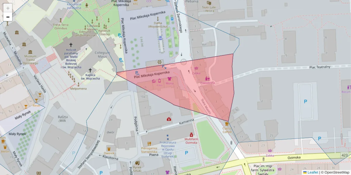 Szczegółowa mapa kodu pocztowego 45-065 z granicami, sąsiednimi kodami pocztowymi i urzędami pocztowymi
