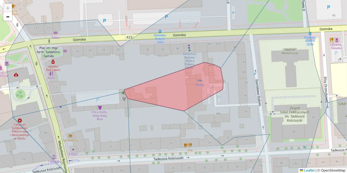 Szczegółowa mapa kodu pocztowego 45-067 z granicami, sąsiednimi kodami pocztowymi i urzędami pocztowymi