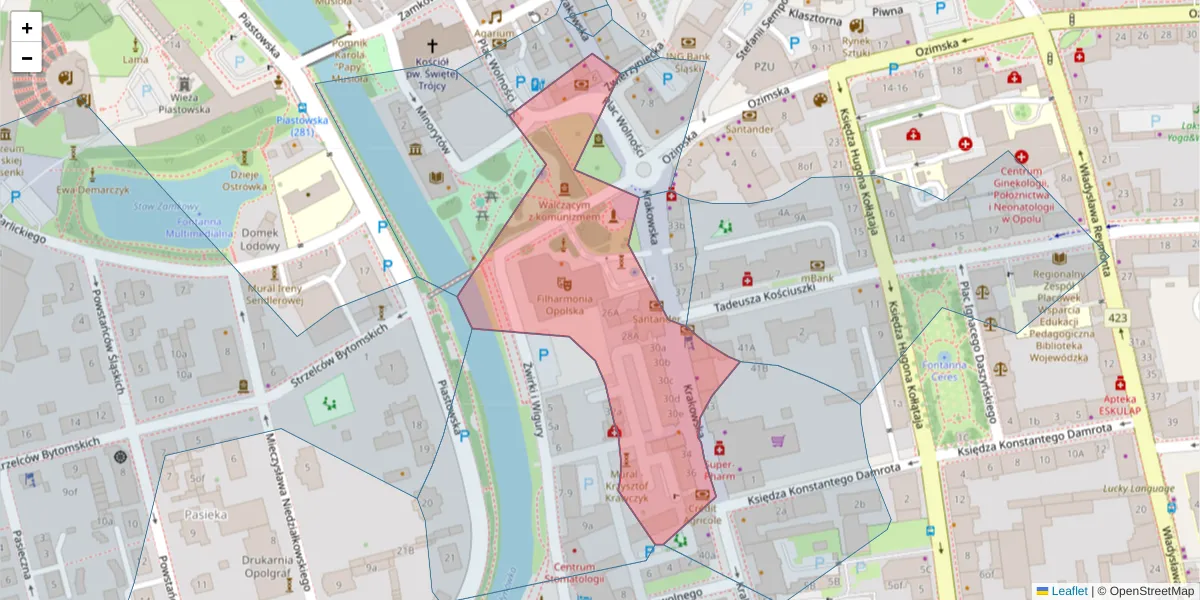 Szczegółowa mapa kodu pocztowego 45-075 z granicami, sąsiednimi kodami pocztowymi i urzędami pocztowymi