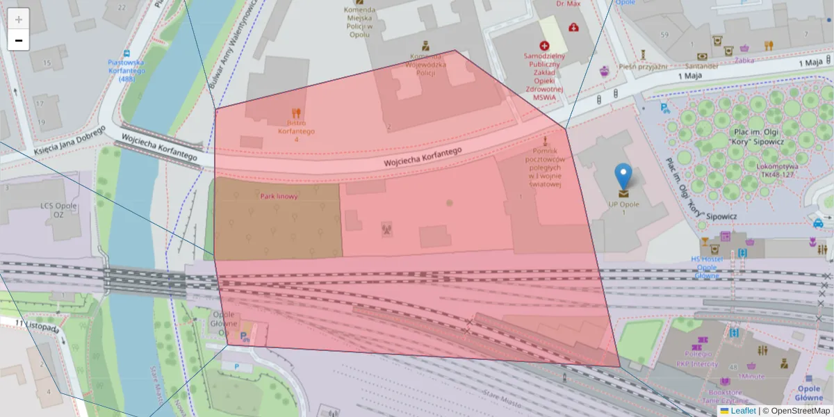 Szczegółowa mapa kodu pocztowego 45-077 z granicami, sąsiednimi kodami pocztowymi i urzędami pocztowymi