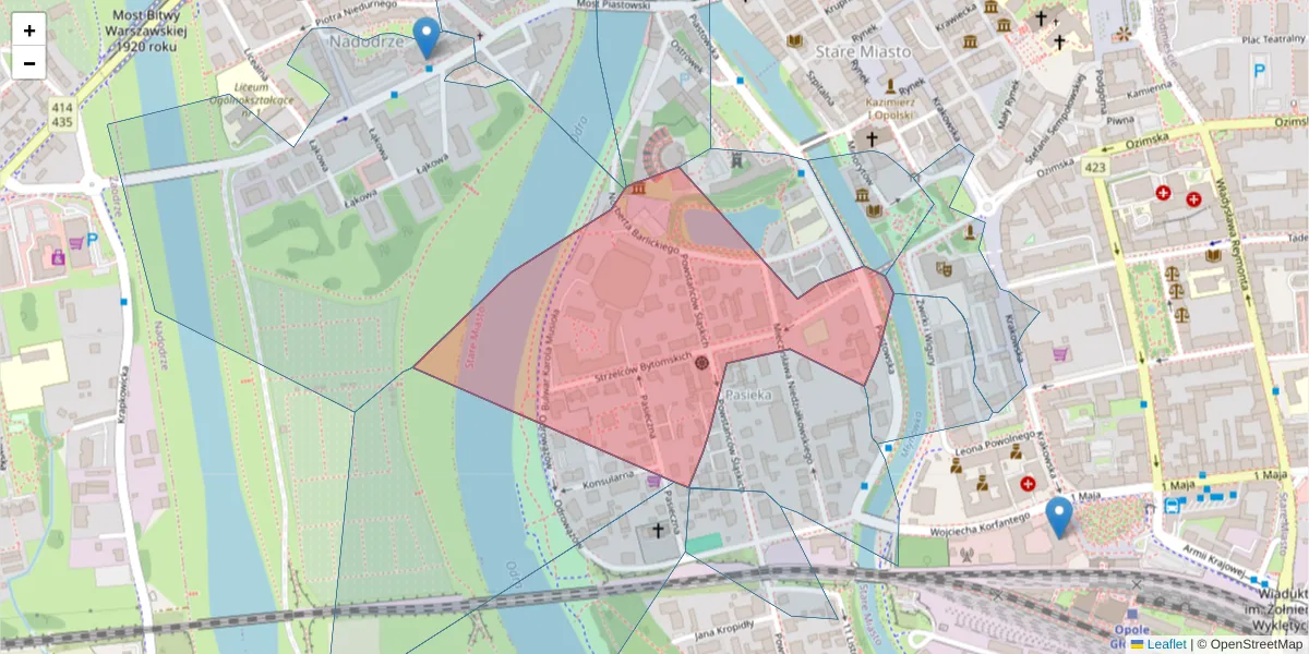 Szczegółowa mapa kodu pocztowego 45-084 z granicami, sąsiednimi kodami pocztowymi i urzędami pocztowymi