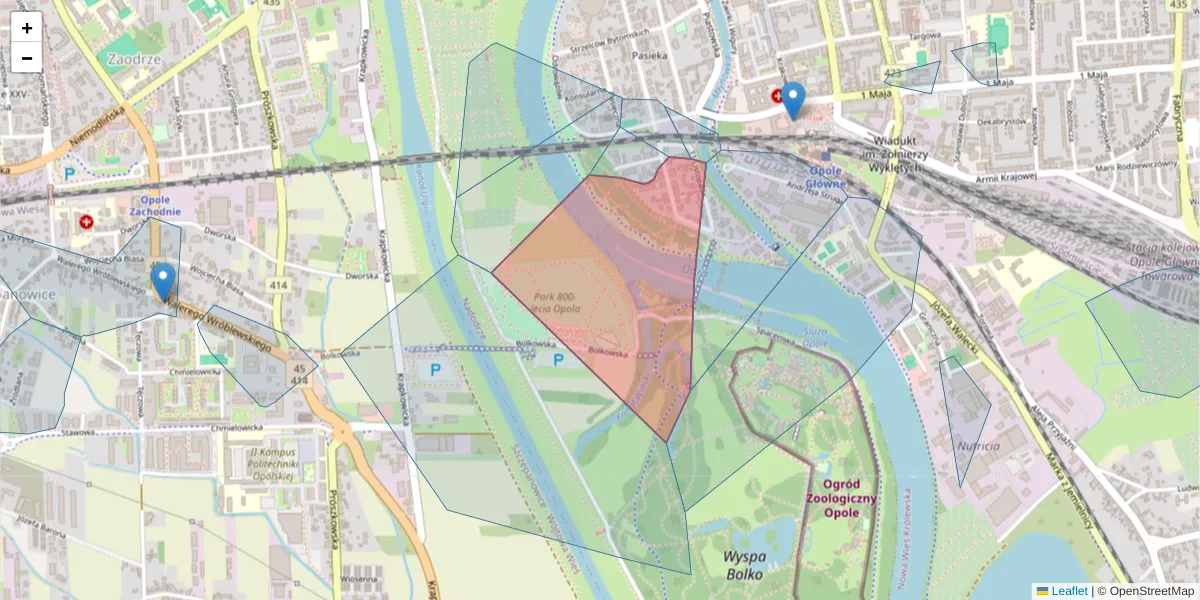 Szczegółowa mapa kodu pocztowego 45-087 z granicami, sąsiednimi kodami pocztowymi i urzędami pocztowymi