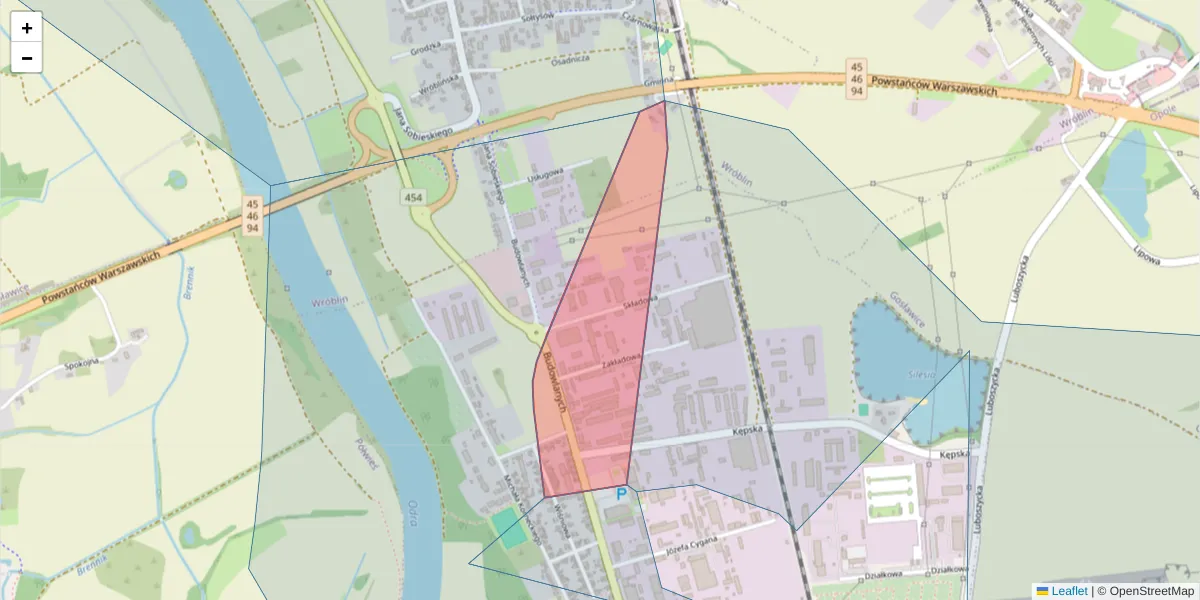 Szczegółowa mapa kodu pocztowego 45-124 z granicami, sąsiednimi kodami pocztowymi i urzędami pocztowymi