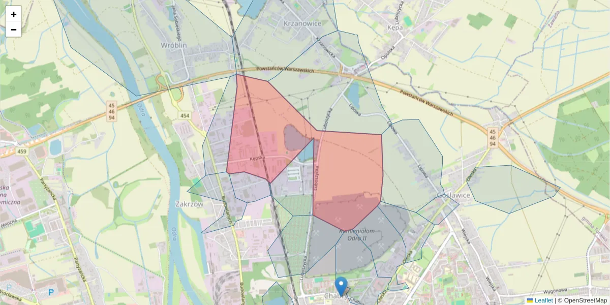 Szczegółowa mapa kodu pocztowego 45-129 z granicami, sąsiednimi kodami pocztowymi i urzędami pocztowymi
