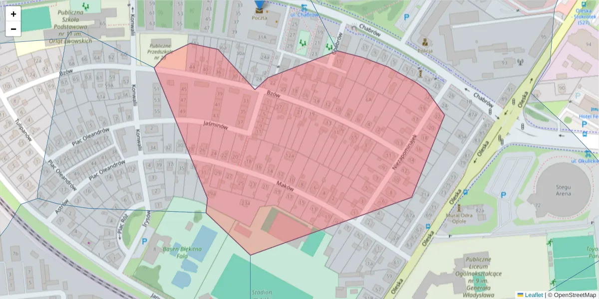 Szczegółowa mapa kodu pocztowego 45-223 z granicami, sąsiednimi kodami pocztowymi i urzędami pocztowymi