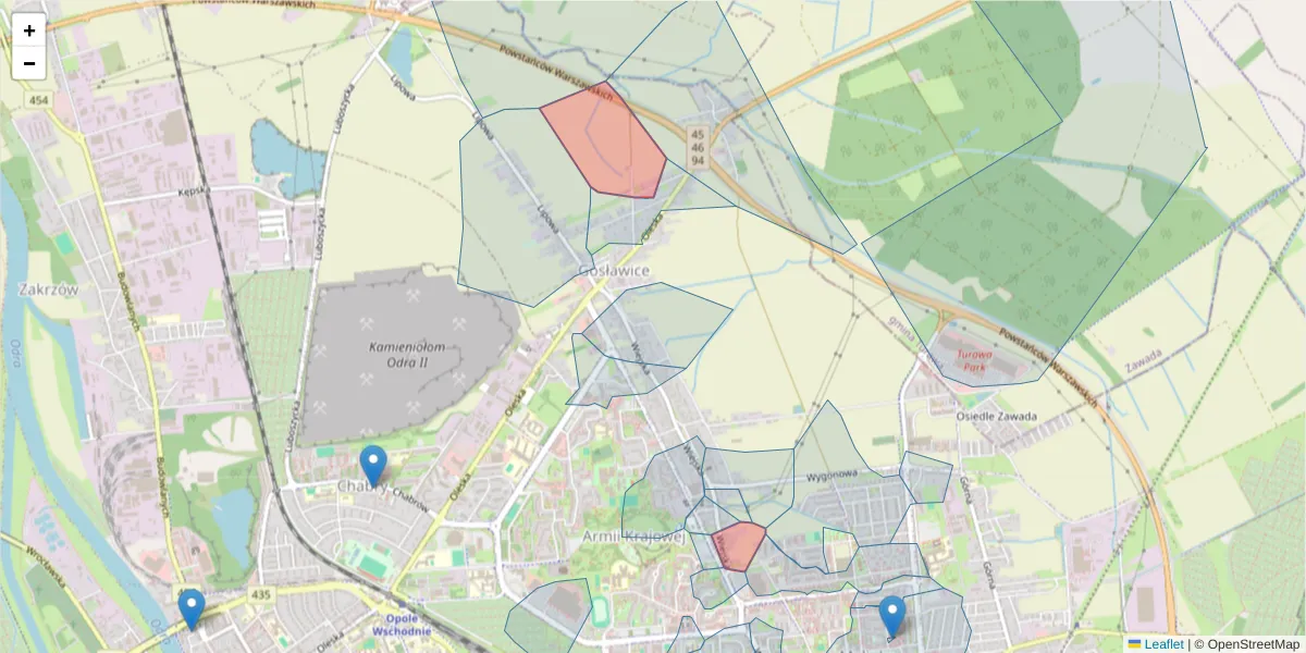 Szczegółowa mapa kodu pocztowego 45-240 z granicami, sąsiednimi kodami pocztowymi i urzędami pocztowymi