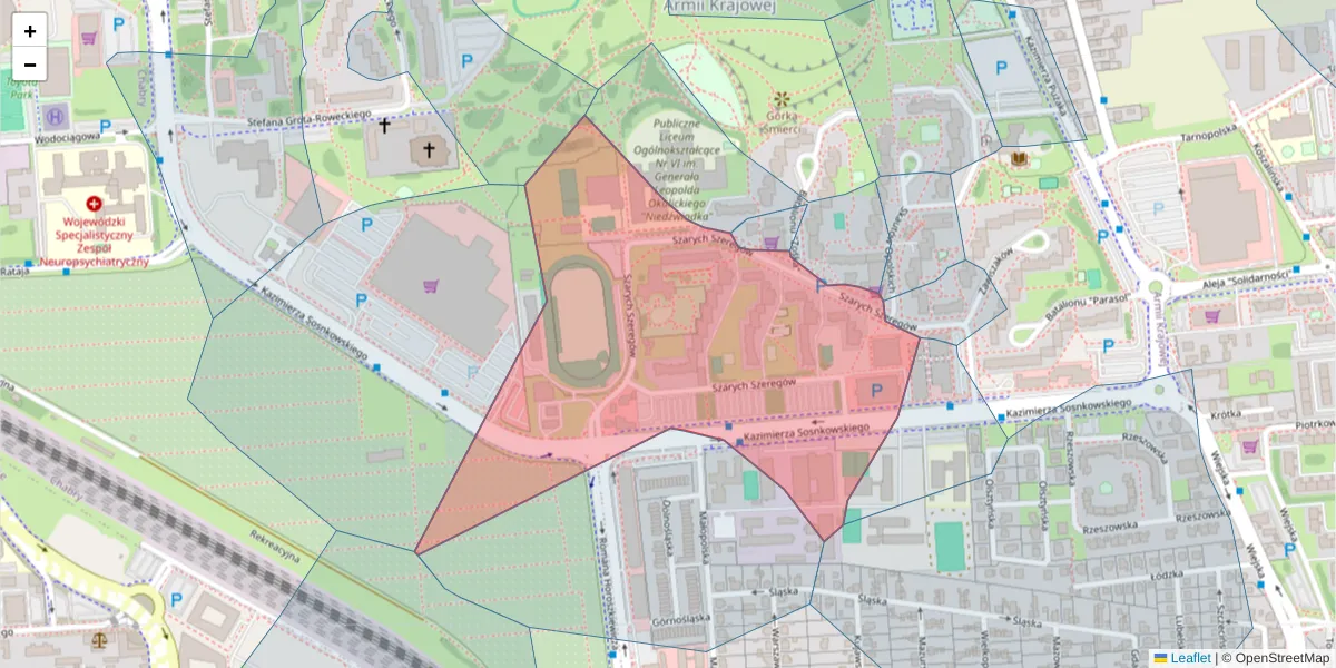 Szczegółowa mapa kodu pocztowego 45-285 z granicami, sąsiednimi kodami pocztowymi i urzędami pocztowymi
