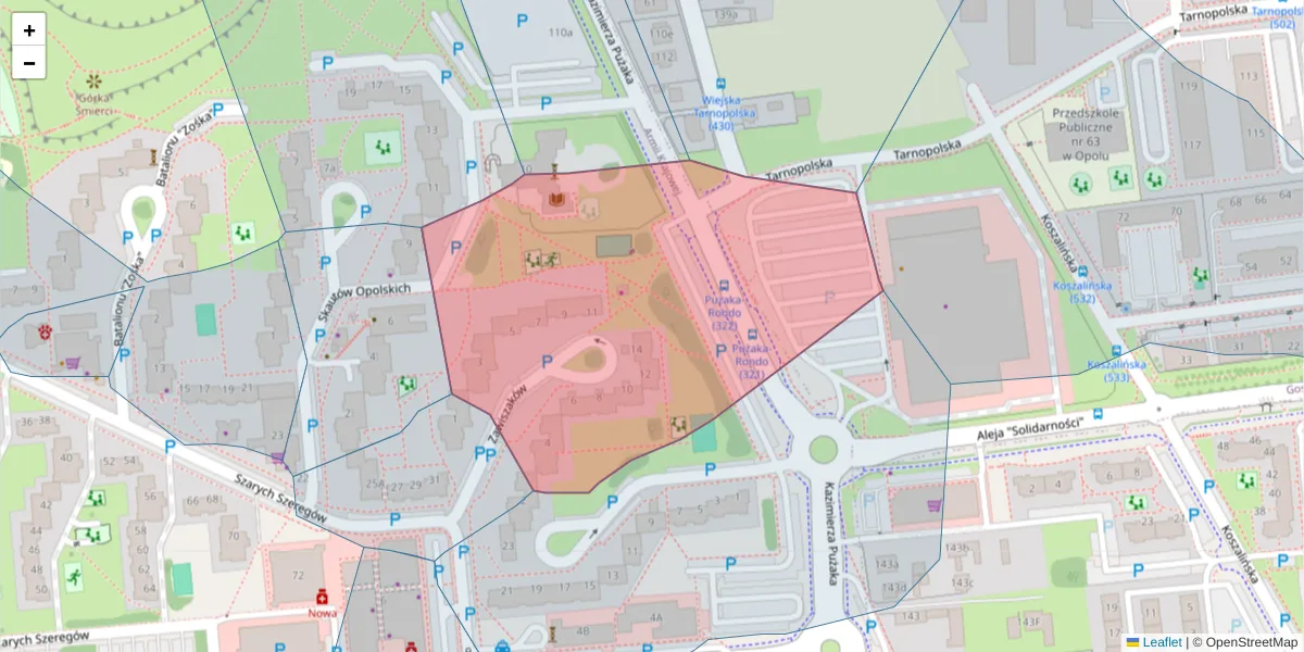 Szczegółowa mapa kodu pocztowego 45-288 z granicami, sąsiednimi kodami pocztowymi i urzędami pocztowymi