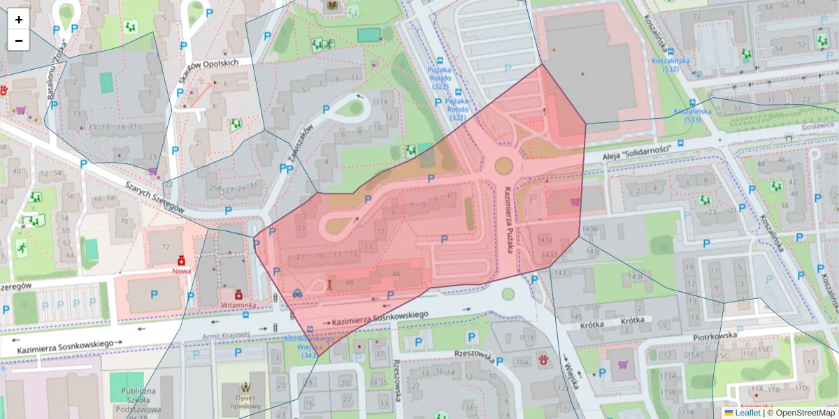 Szczegółowa mapa kodu pocztowego 45-290 z granicami, sąsiednimi kodami pocztowymi i urzędami pocztowymi