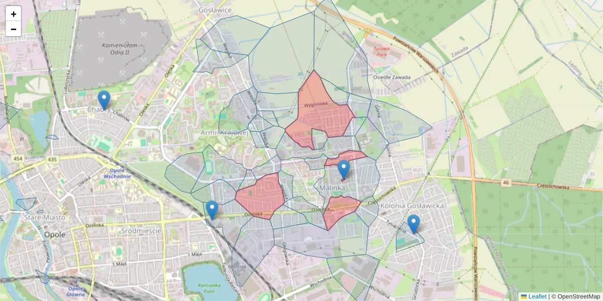 Szczegółowa mapa kodu pocztowego 45-316 z granicami, sąsiednimi kodami pocztowymi i urzędami pocztowymi