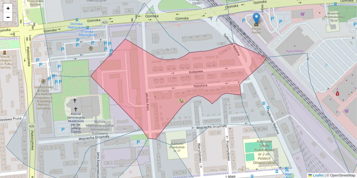 Szczegółowa mapa kodu pocztowego 45-339 z granicami, sąsiednimi kodami pocztowymi i urzędami pocztowymi