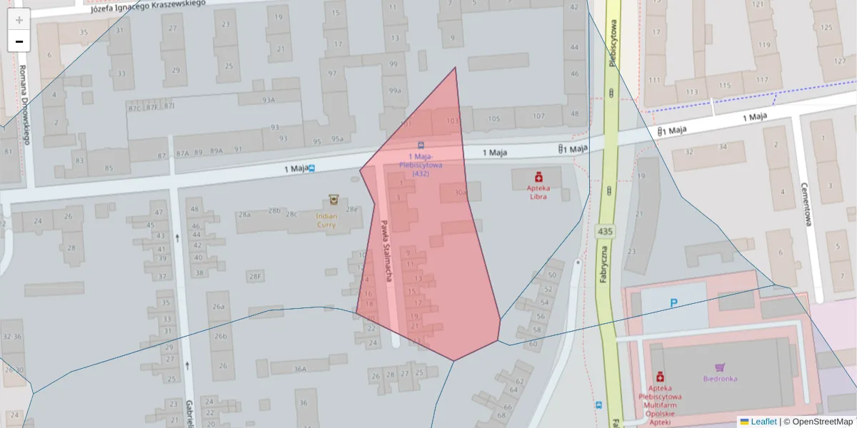 Szczegółowa mapa kodu pocztowego 45-354 z granicami, sąsiednimi kodami pocztowymi i urzędami pocztowymi