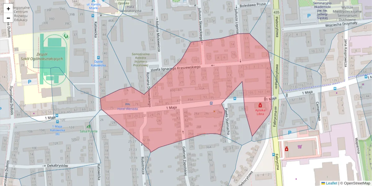 Szczegółowa mapa kodu pocztowego 45-355 z granicami, sąsiednimi kodami pocztowymi i urzędami pocztowymi