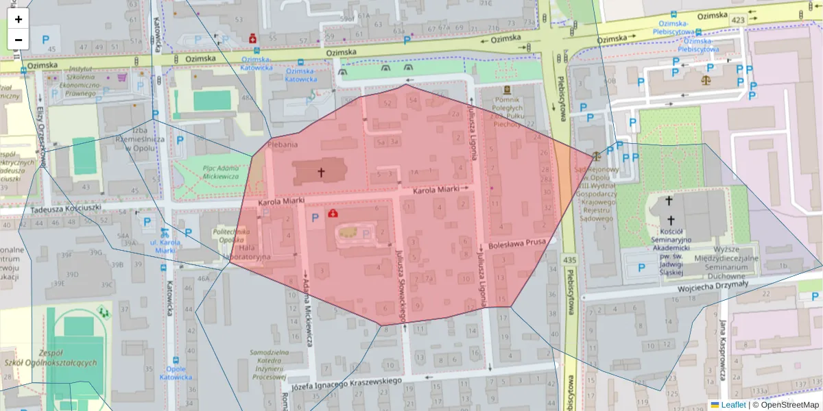 Szczegółowa mapa kodu pocztowego 45-367 z granicami, sąsiednimi kodami pocztowymi i urzędami pocztowymi