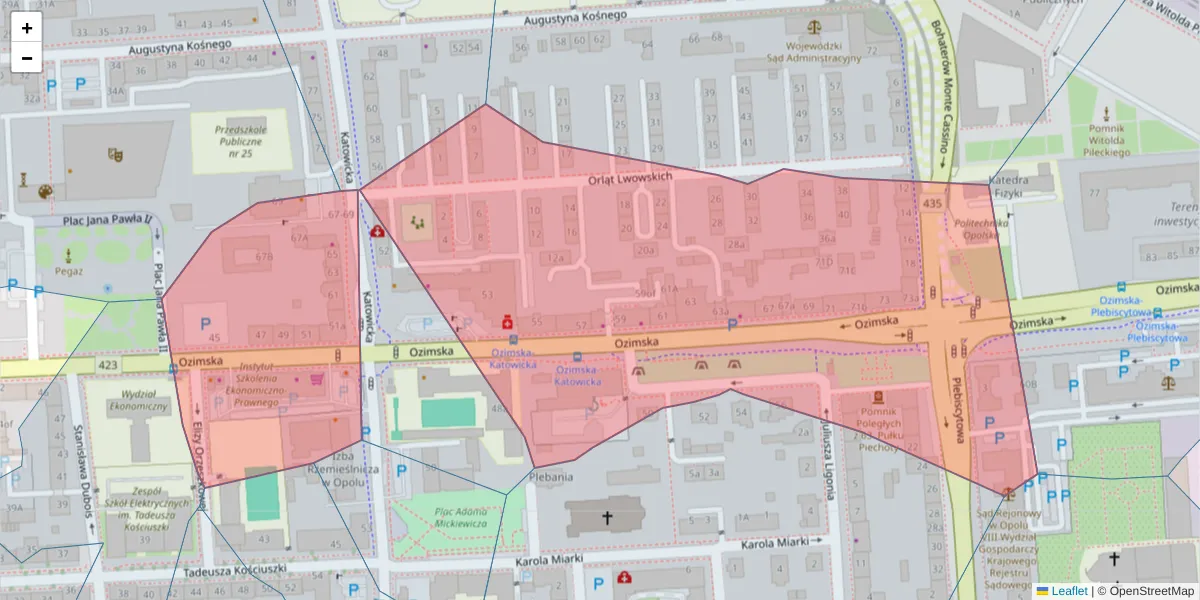 Szczegółowa mapa kodu pocztowego 45-368 z granicami, sąsiednimi kodami pocztowymi i urzędami pocztowymi