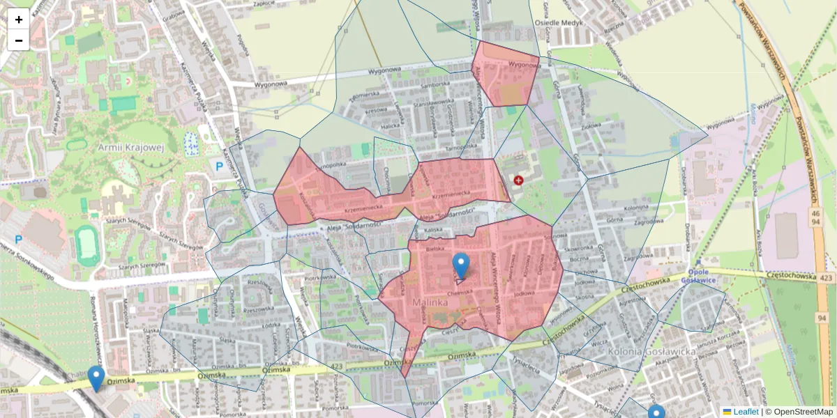Szczegółowa mapa kodu pocztowego 45-401 z granicami, sąsiednimi kodami pocztowymi i urzędami pocztowymi