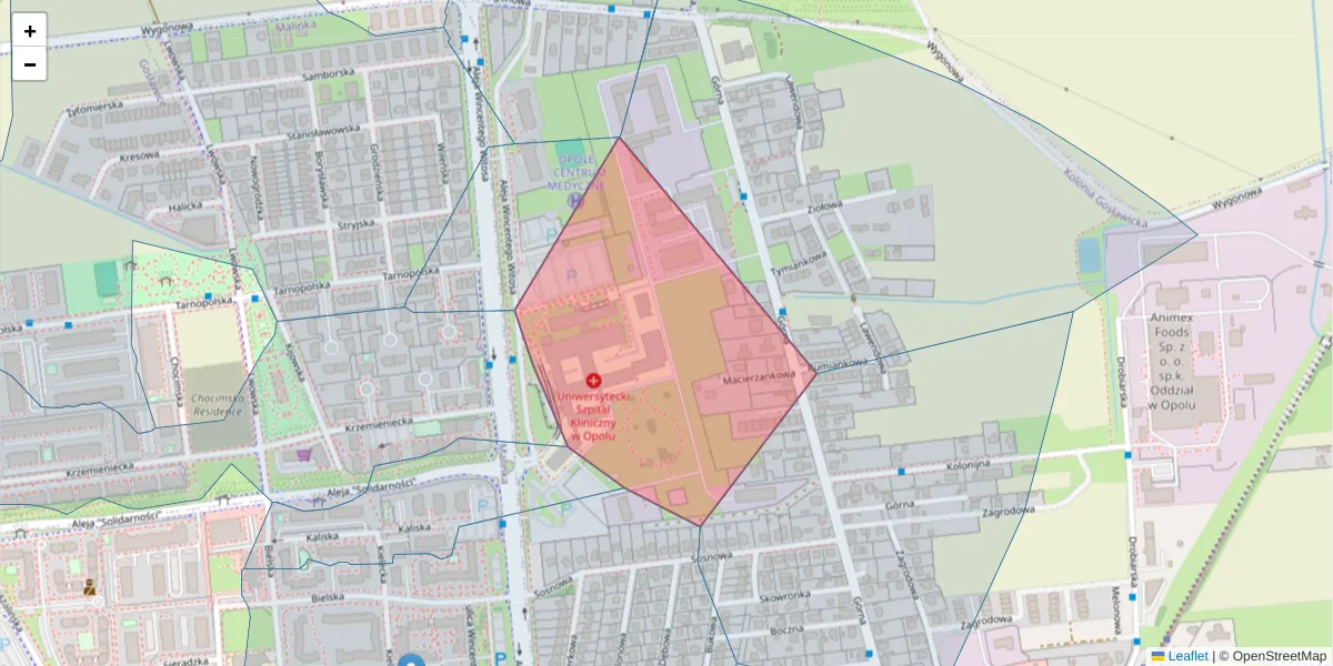 Szczegółowa mapa kodu pocztowego 45-418 z granicami, sąsiednimi kodami pocztowymi i urzędami pocztowymi
