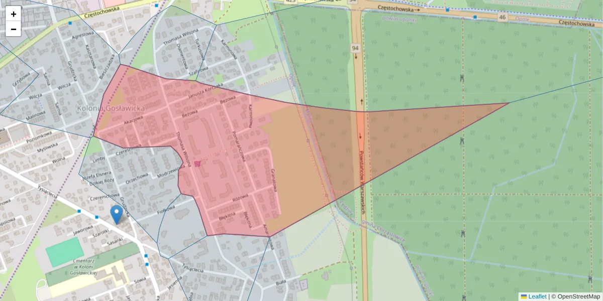 Szczegółowa mapa kodu pocztowego 45-429 z granicami, sąsiednimi kodami pocztowymi i urzędami pocztowymi