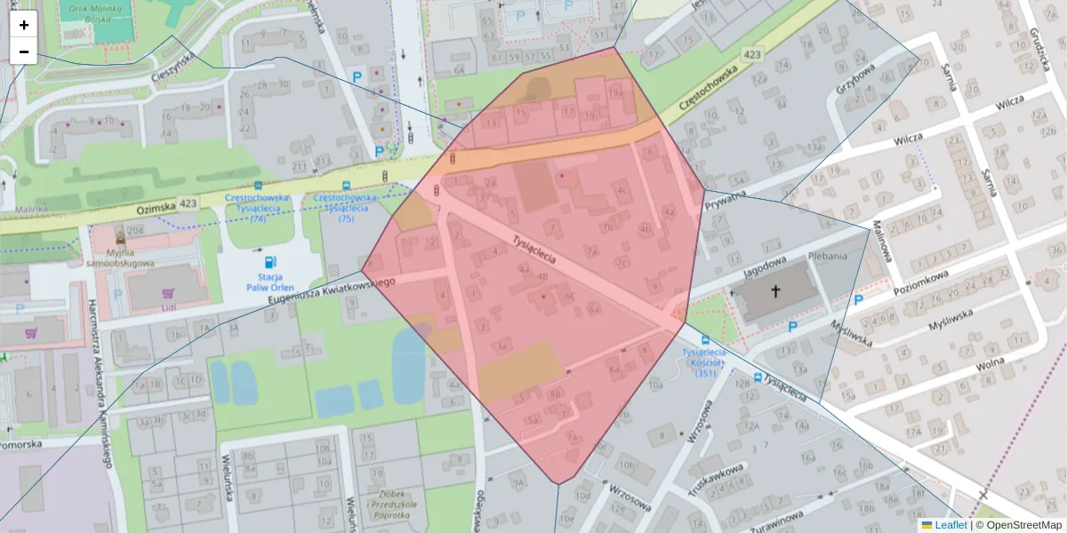 Szczegółowa mapa kodu pocztowego 45-462 z granicami, sąsiednimi kodami pocztowymi i urzędami pocztowymi