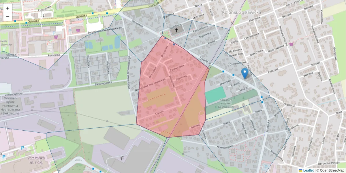 Szczegółowa mapa kodu pocztowego 45-469 z granicami, sąsiednimi kodami pocztowymi i urzędami pocztowymi
