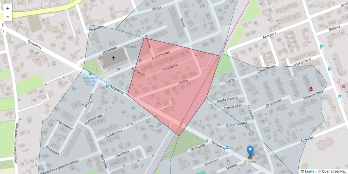 Szczegółowa mapa kodu pocztowego 45-476 z granicami, sąsiednimi kodami pocztowymi i urzędami pocztowymi