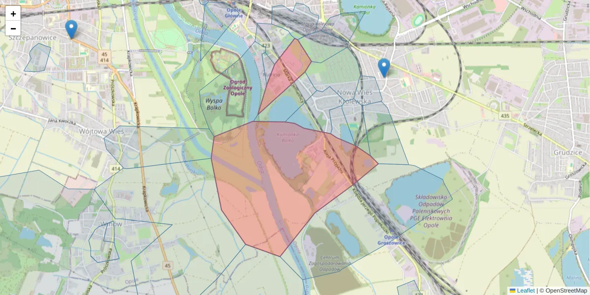 Szczegółowa mapa kodu pocztowego 45-572 z granicami, sąsiednimi kodami pocztowymi i urzędami pocztowymi