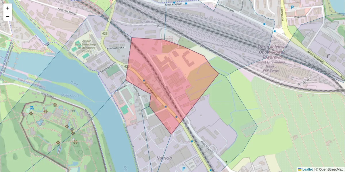 Szczegółowa mapa kodu pocztowego 45-586 z granicami, sąsiednimi kodami pocztowymi i urzędami pocztowymi