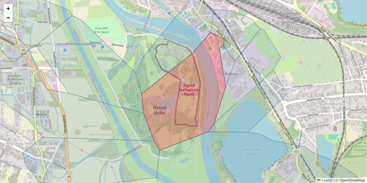 Szczegółowa mapa kodu pocztowego 45-587 z granicami, sąsiednimi kodami pocztowymi i urzędami pocztowymi