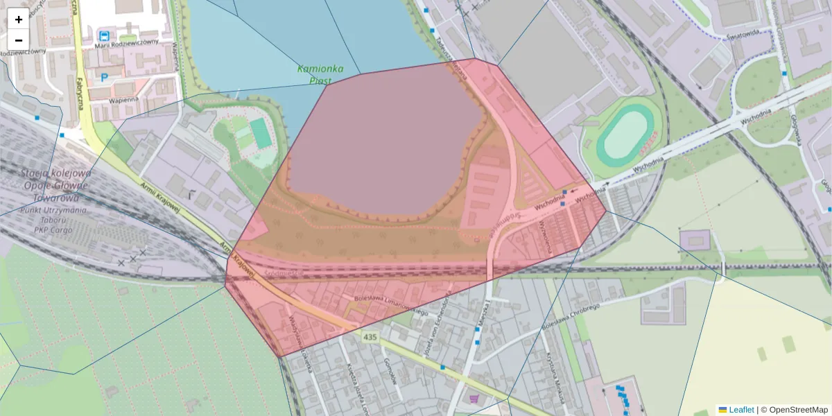 Szczegółowa mapa kodu pocztowego 45-590 z granicami, sąsiednimi kodami pocztowymi i urzędami pocztowymi