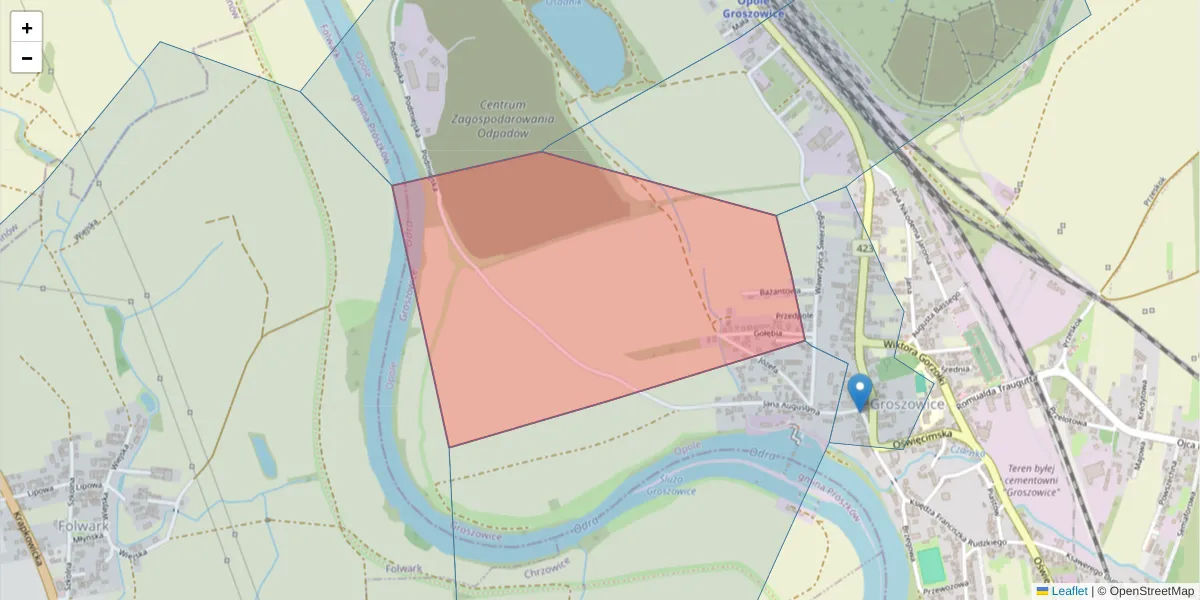 Szczegółowa mapa kodu pocztowego 45-627 z granicami, sąsiednimi kodami pocztowymi i urzędami pocztowymi