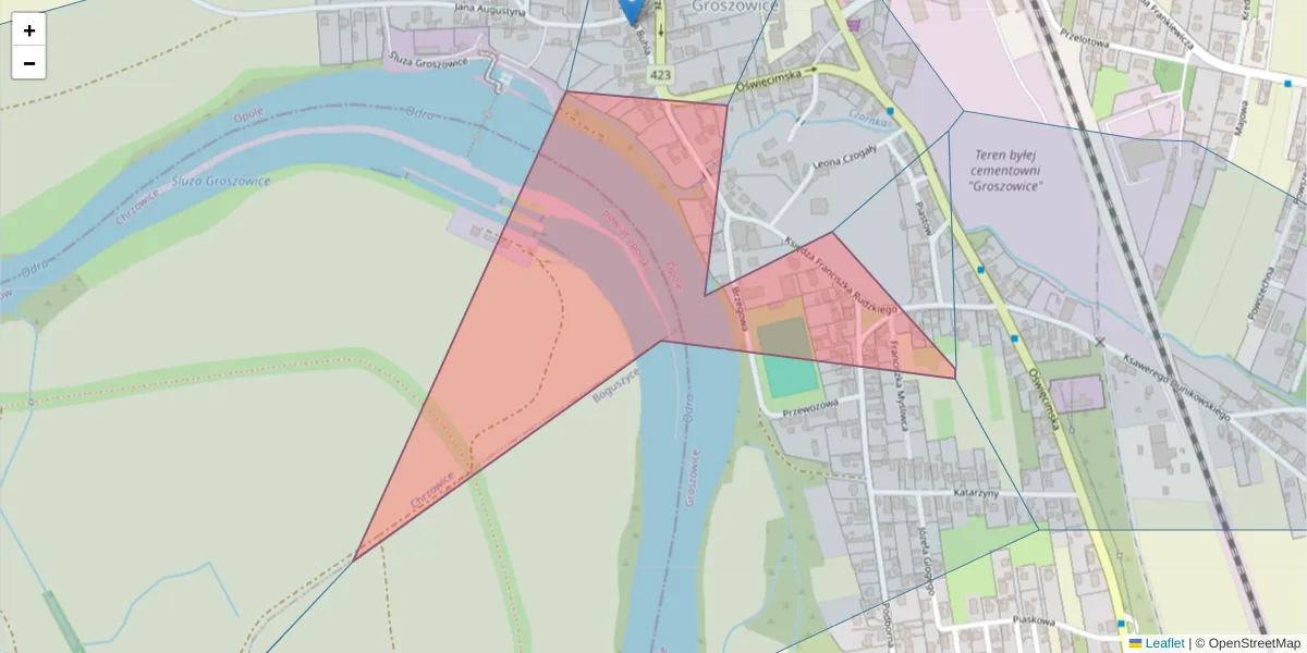 Szczegółowa mapa kodu pocztowego 45-631 z granicami, sąsiednimi kodami pocztowymi i urzędami pocztowymi