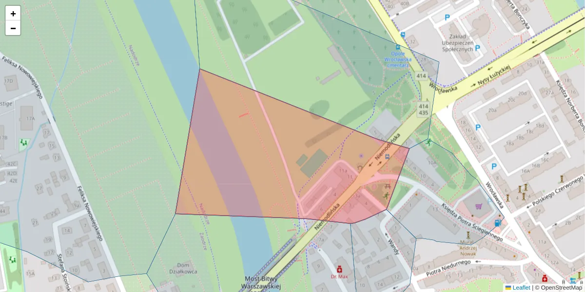 Szczegółowa mapa kodu pocztowego 45-708 z granicami, sąsiednimi kodami pocztowymi i urzędami pocztowymi