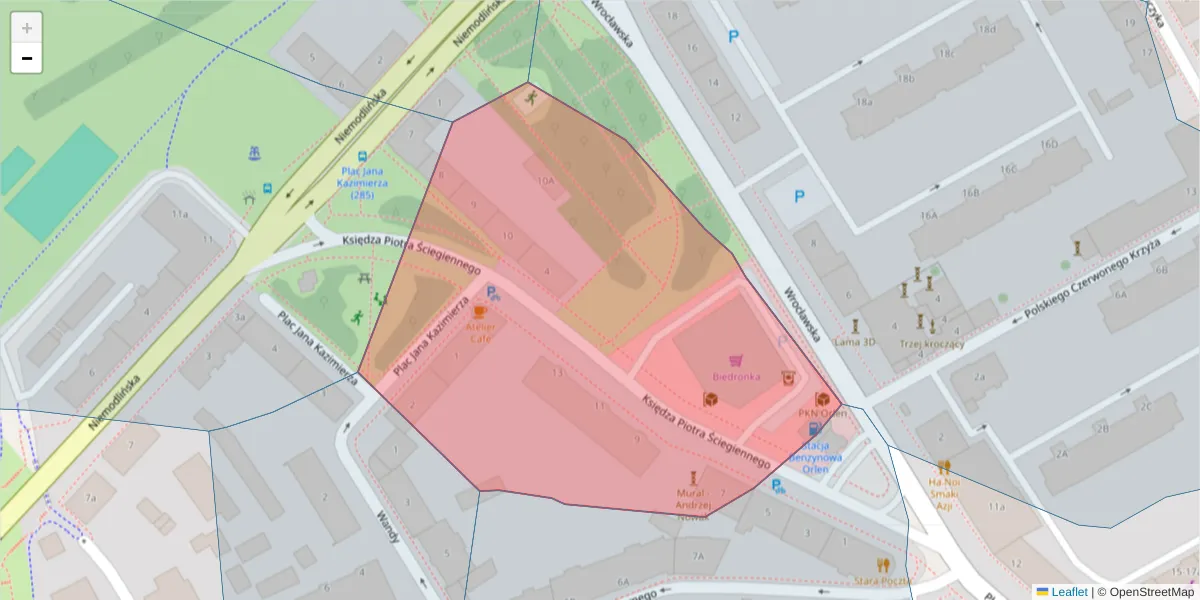 Szczegółowa mapa kodu pocztowego 45-709 z granicami, sąsiednimi kodami pocztowymi i urzędami pocztowymi