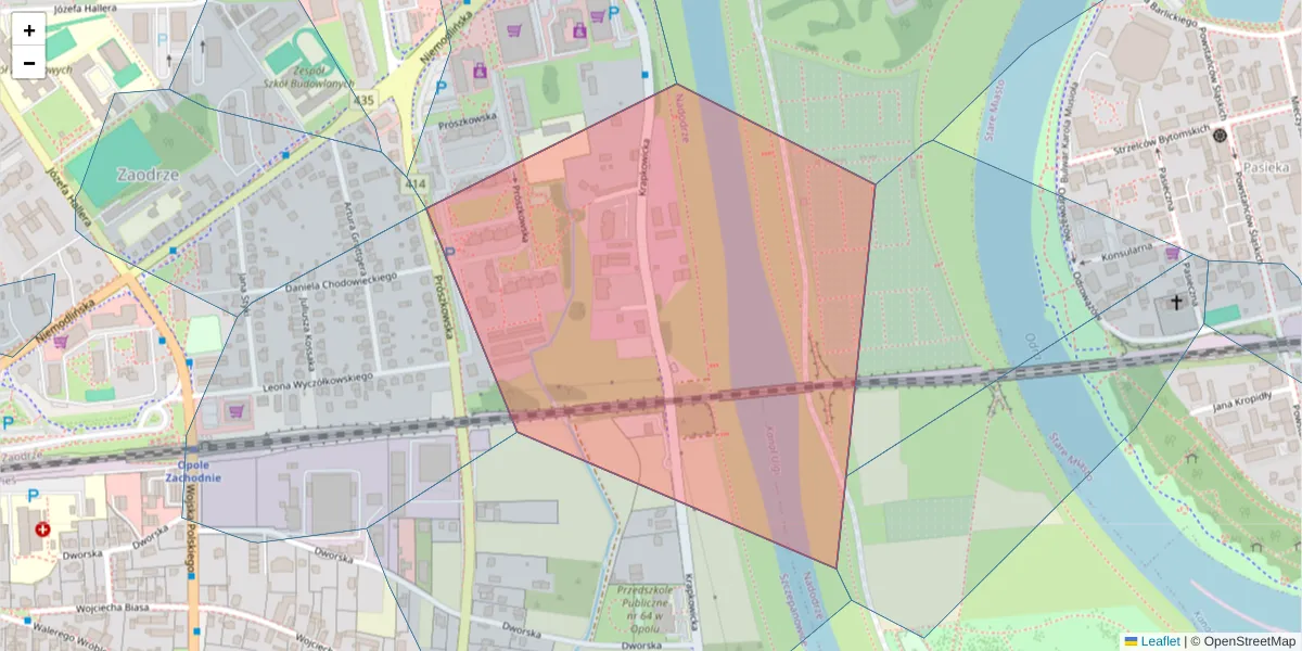 Szczegółowa mapa kodu pocztowego 45-715 z granicami, sąsiednimi kodami pocztowymi i urzędami pocztowymi
