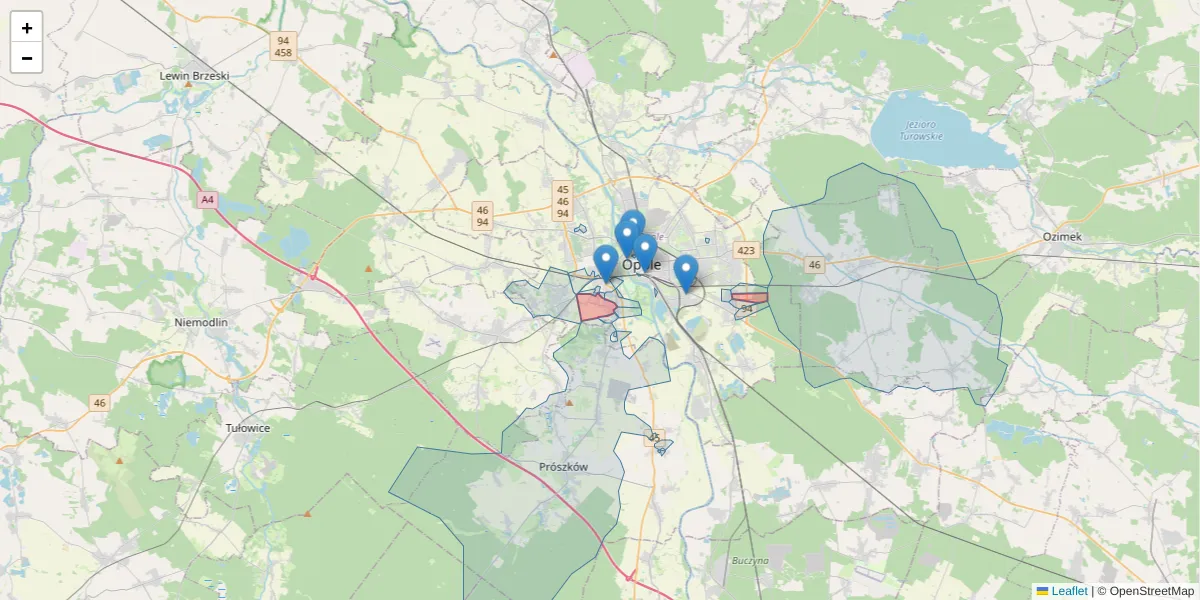 Szczegółowa mapa kodu pocztowego 45-771 z granicami, sąsiednimi kodami pocztowymi i urzędami pocztowymi