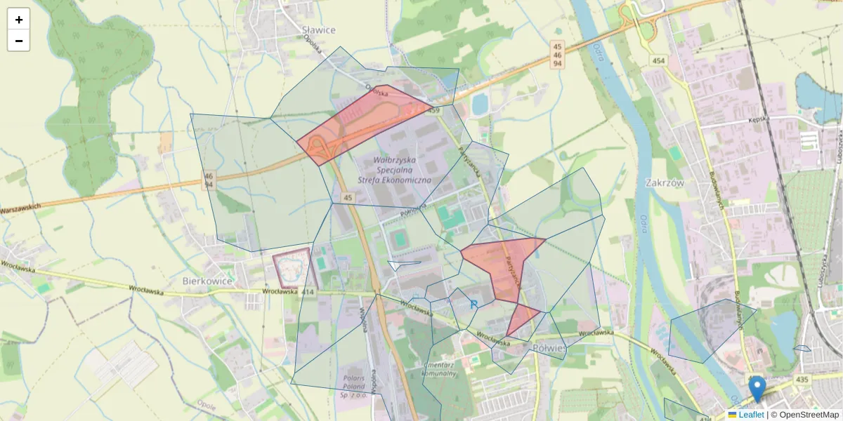 Szczegółowa mapa kodu pocztowego 45-801 z granicami, sąsiednimi kodami pocztowymi i urzędami pocztowymi
