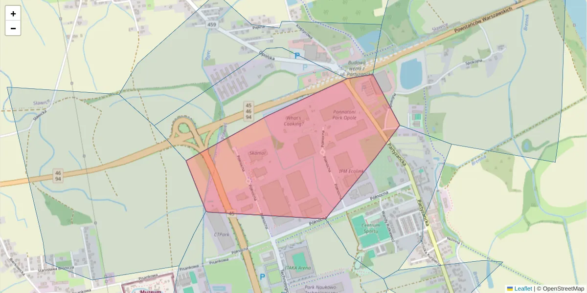 Szczegółowa mapa kodu pocztowego 45-805 z granicami, sąsiednimi kodami pocztowymi i urzędami pocztowymi