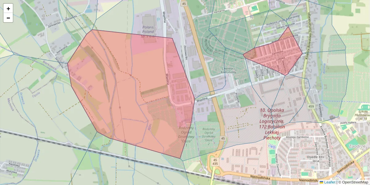 Szczegółowa mapa kodu pocztowego 45-831 z granicami, sąsiednimi kodami pocztowymi i urzędami pocztowymi