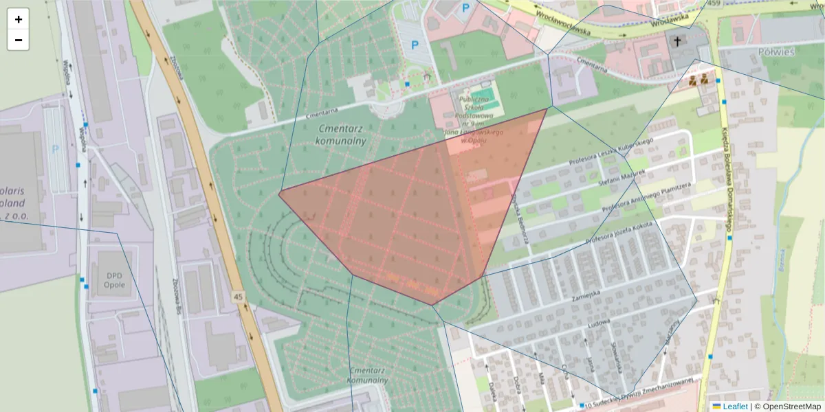 Szczegółowa mapa kodu pocztowego 45-833 z granicami, sąsiednimi kodami pocztowymi i urzędami pocztowymi