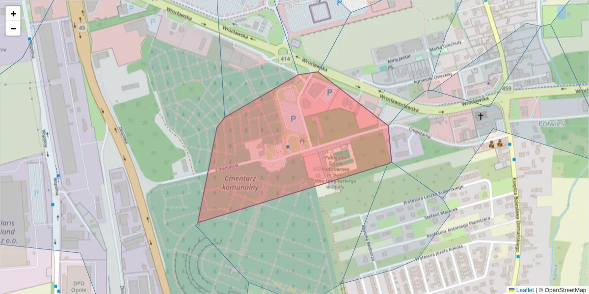 Szczegółowa mapa kodu pocztowego 45-834 z granicami, sąsiednimi kodami pocztowymi i urzędami pocztowymi