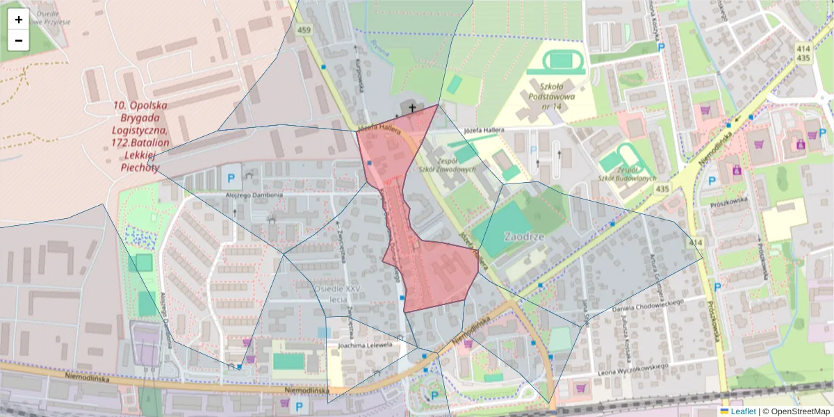 Szczegółowa mapa kodu pocztowego 45-852 z granicami, sąsiednimi kodami pocztowymi i urzędami pocztowymi