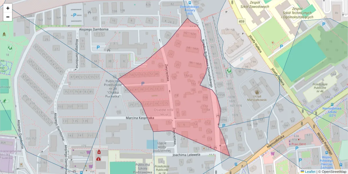 Szczegółowa mapa kodu pocztowego 45-853 z granicami, sąsiednimi kodami pocztowymi i urzędami pocztowymi