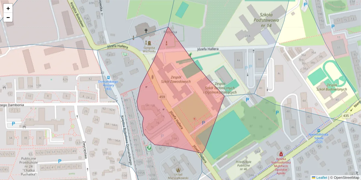 Szczegółowa mapa kodu pocztowego 45-867 z granicami, sąsiednimi kodami pocztowymi i urzędami pocztowymi