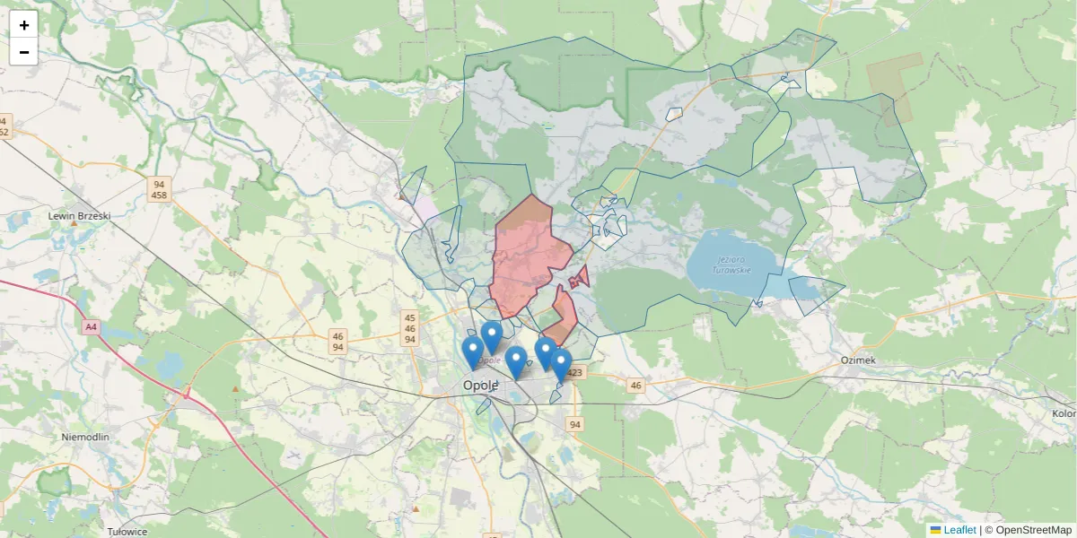 Szczegółowa mapa kodu pocztowego 46-022 z granicami, sąsiednimi kodami pocztowymi i urzędami pocztowymi