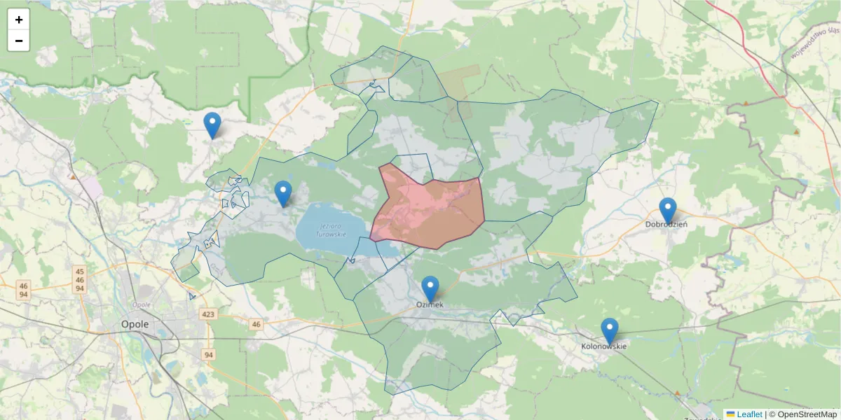 Szczegółowa mapa kodu pocztowego 46-043 z granicami, sąsiednimi kodami pocztowymi i urzędami pocztowymi